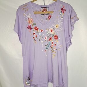 Johnny Was Lavender Floral Lissa Embroidered  Flutter SleevesTop Woman's XL #115